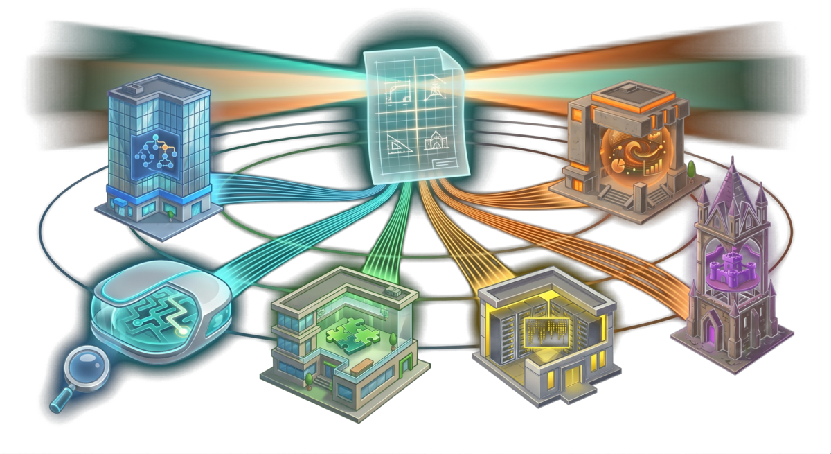 Connected buildings representing consultant multi-client strategy network