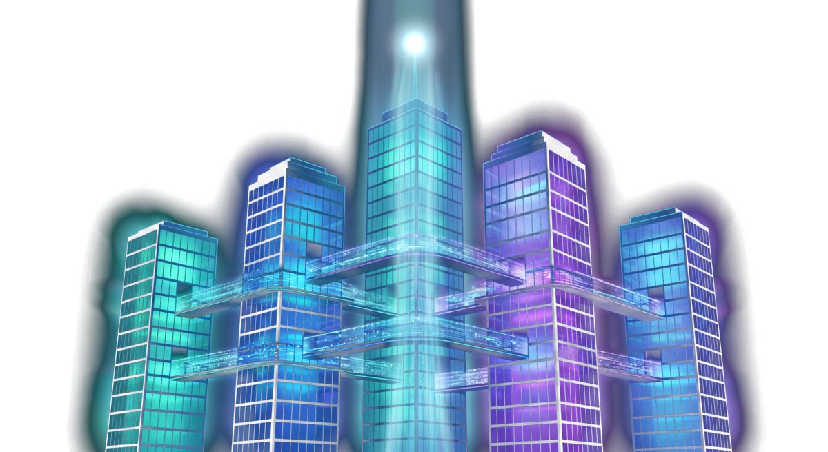 Neon corporate towers connected by glowing bridges