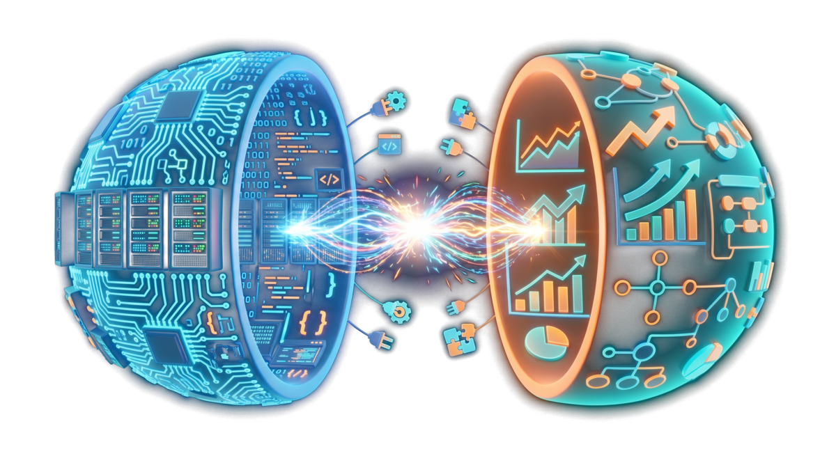 IT and business spheres connected by energy representing digital-business alignment