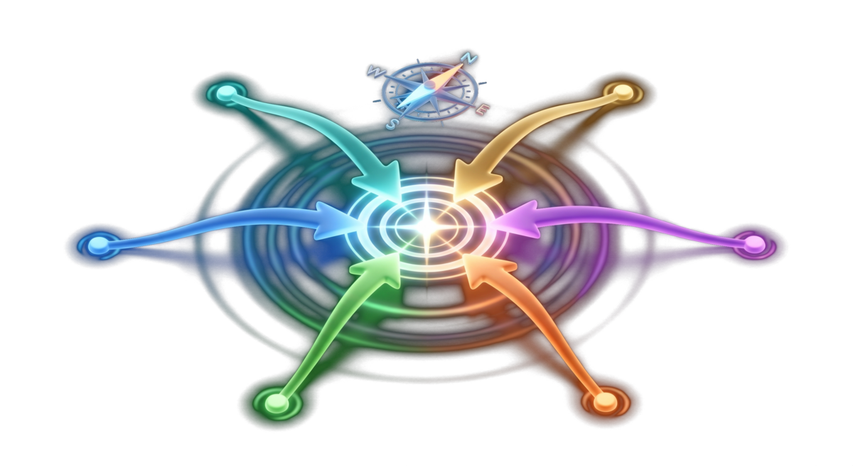 Compass with colorful arrows pointing to a central target representing team alignment