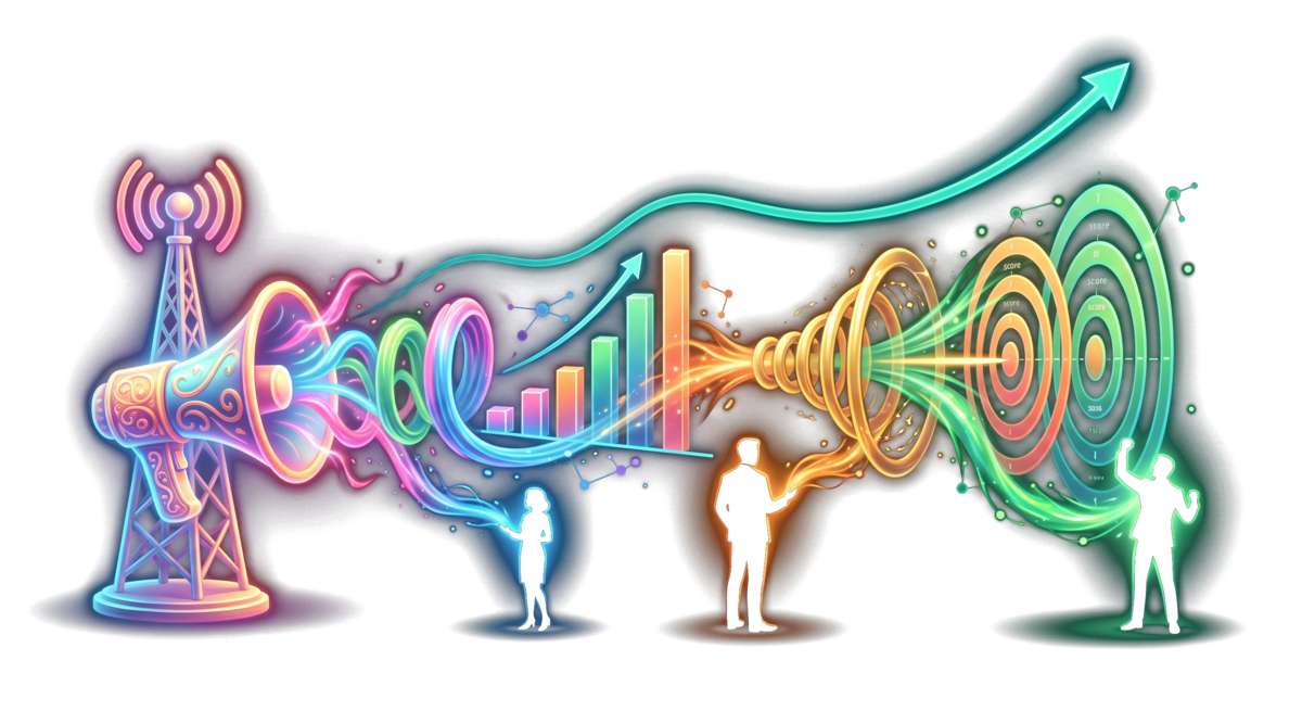 Broadcasting tower sending signals through growth charts to target audience