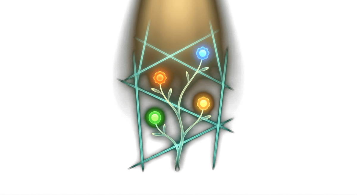 Growing plant with colorful blooms inside a strategic framework
