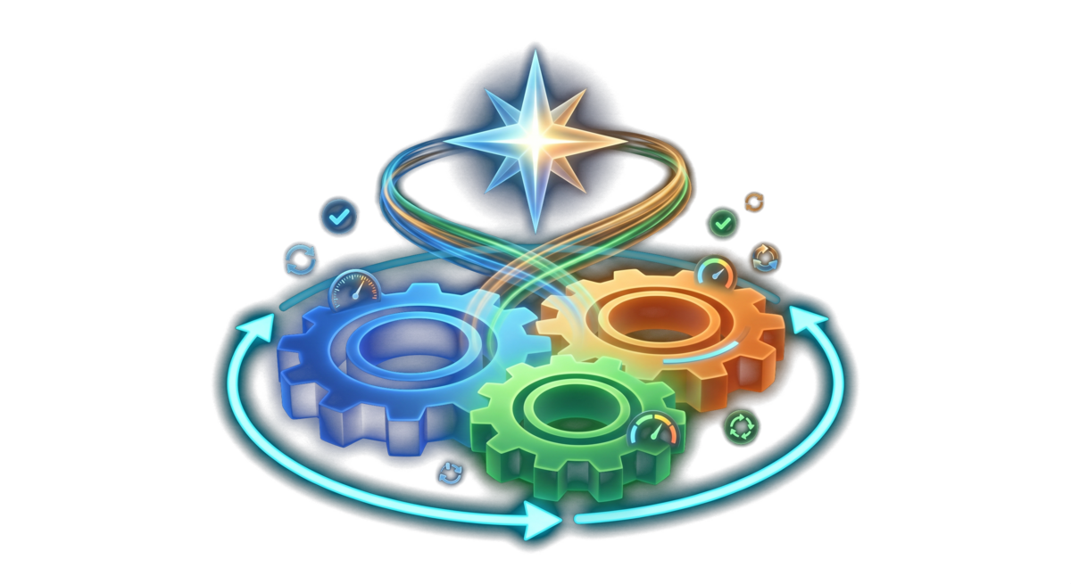 Interlocking gears with compass star representing operational excellence