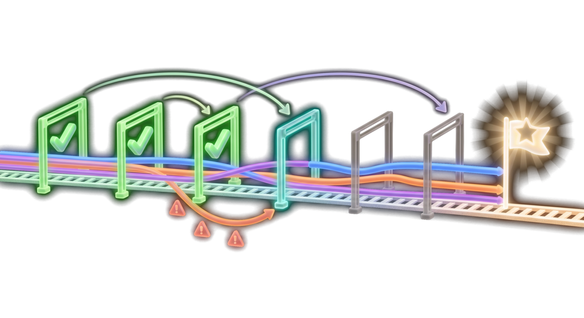 Project milestones on a track with checkpoints leading to a goal flag