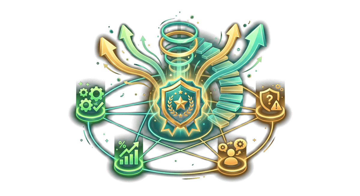 Quality shield badge connected to improvement metrics and compliance nodes