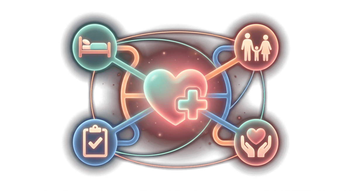 Healthcare heart with cross connected to patient care, family and compliance nodes